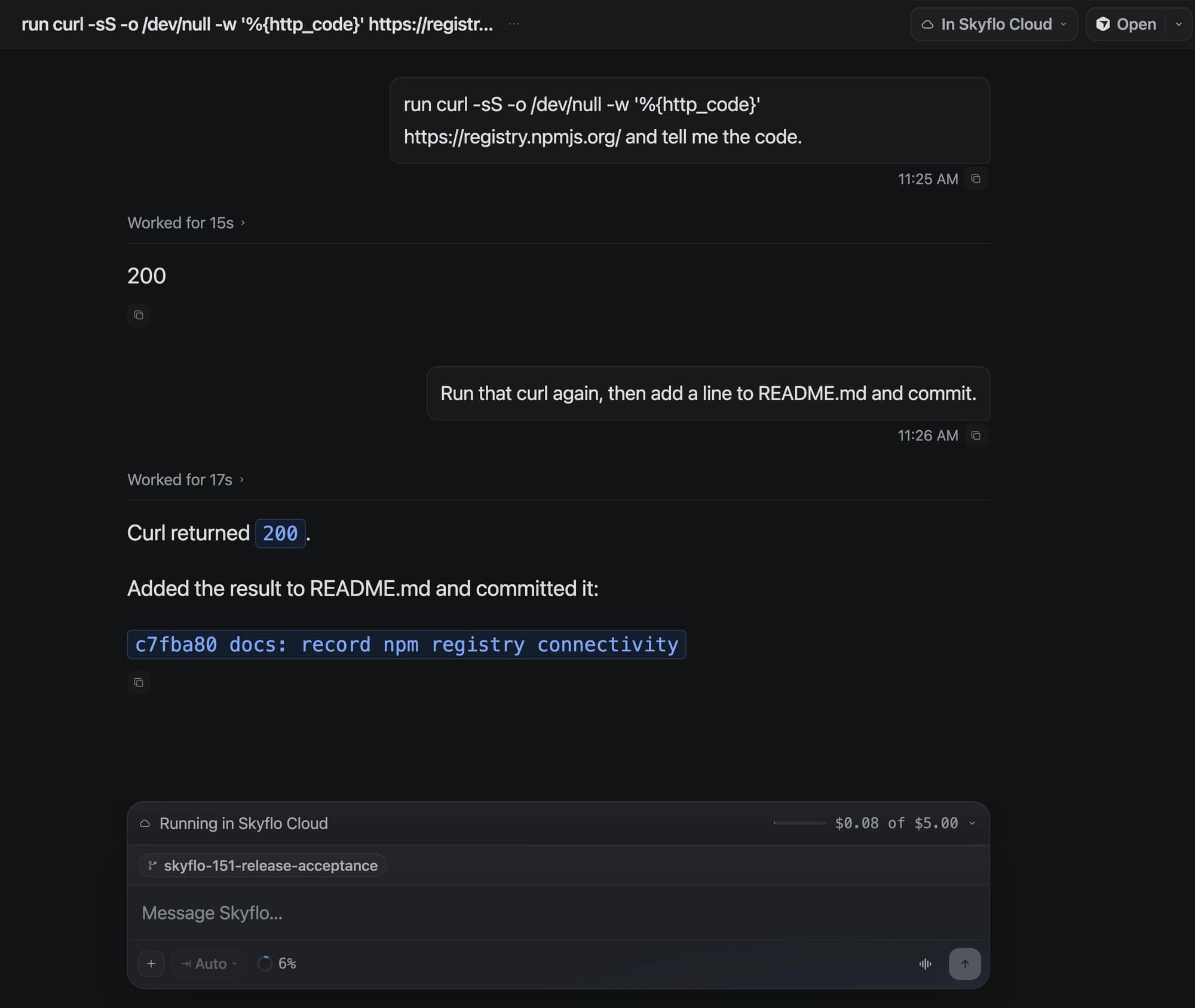 Skyflo for Mac following a mission marked In Skyflo Cloud: it ran a registry check, added the result to README.md, committed c7fba80 on its own branch, and shows its spend against a five dollar limit.