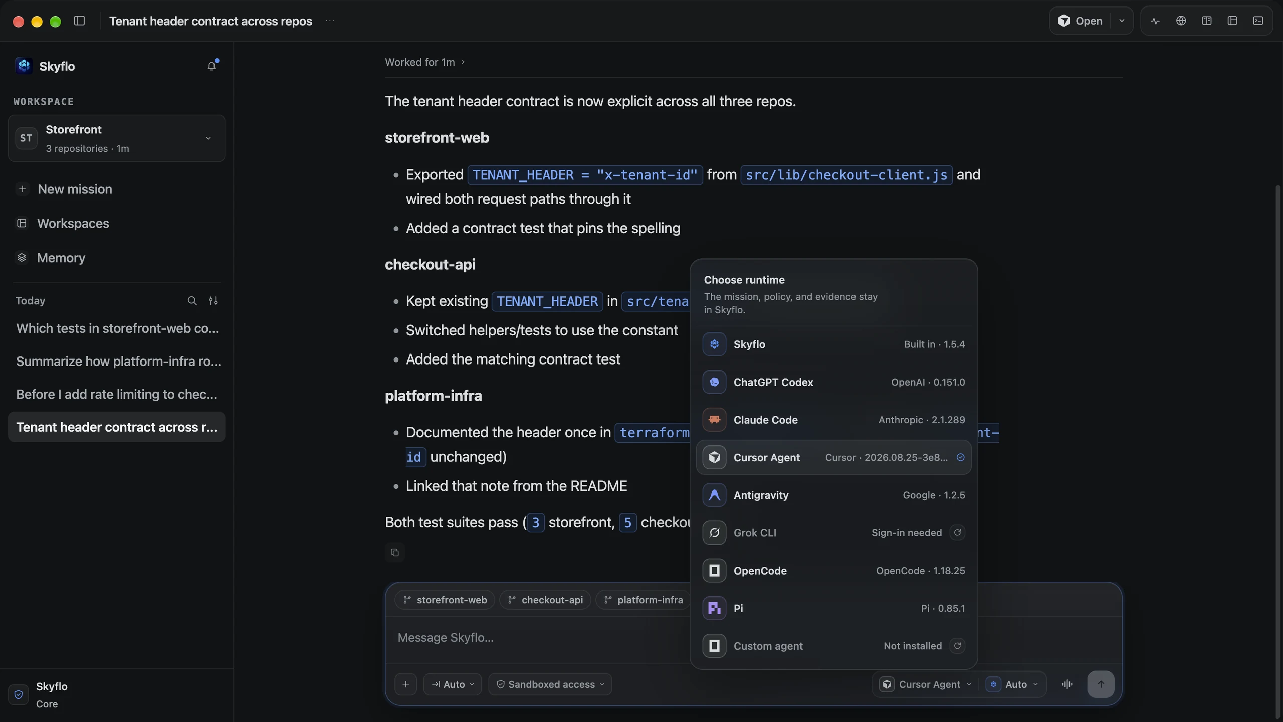 Skyflo Desktop on a finished mission across three repositories, with the runtime menu open: Skyflo, ChatGPT Codex, Claude Code, Cursor Agent, Antigravity, Grok CLI, OpenCode, Pi and a custom agent.