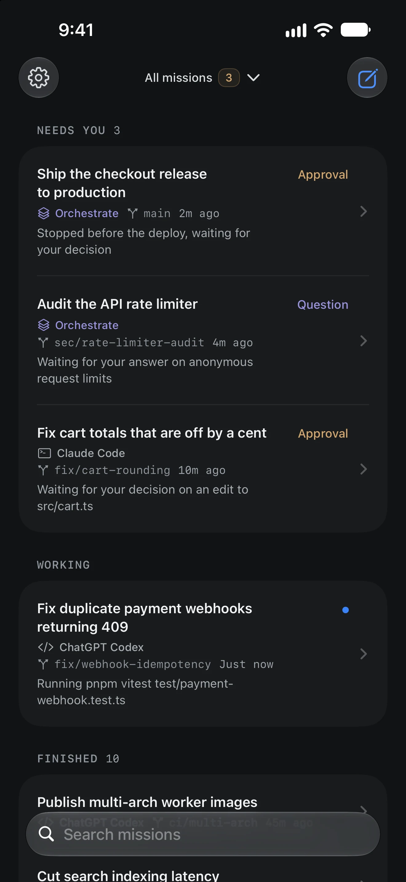 Skyflo for iPhone mission list: three missions need you (two approvals and a question), a Codex mission is working, and ten finished missions follow.