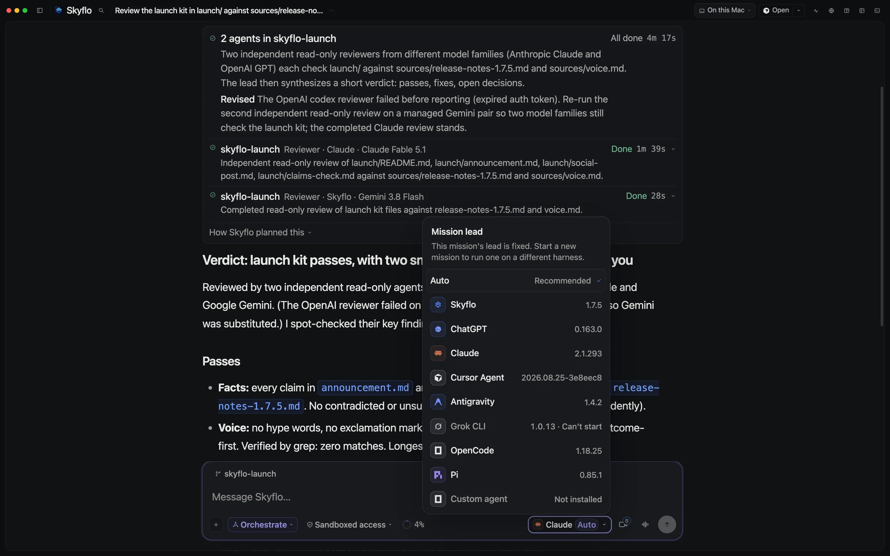 Skyflo Desktop 1.7.5 on a finished Orchestrate mission: Claude led two read-only reviewers, Claude Fable 5.1 and Gemini 3.8 Flash, both done, with the verdict below and the mission lead menu open on Skyflo, ChatGPT, Claude, Cursor Agent, Antigravity, Grok CLI, OpenCode, Pi and a custom agent.