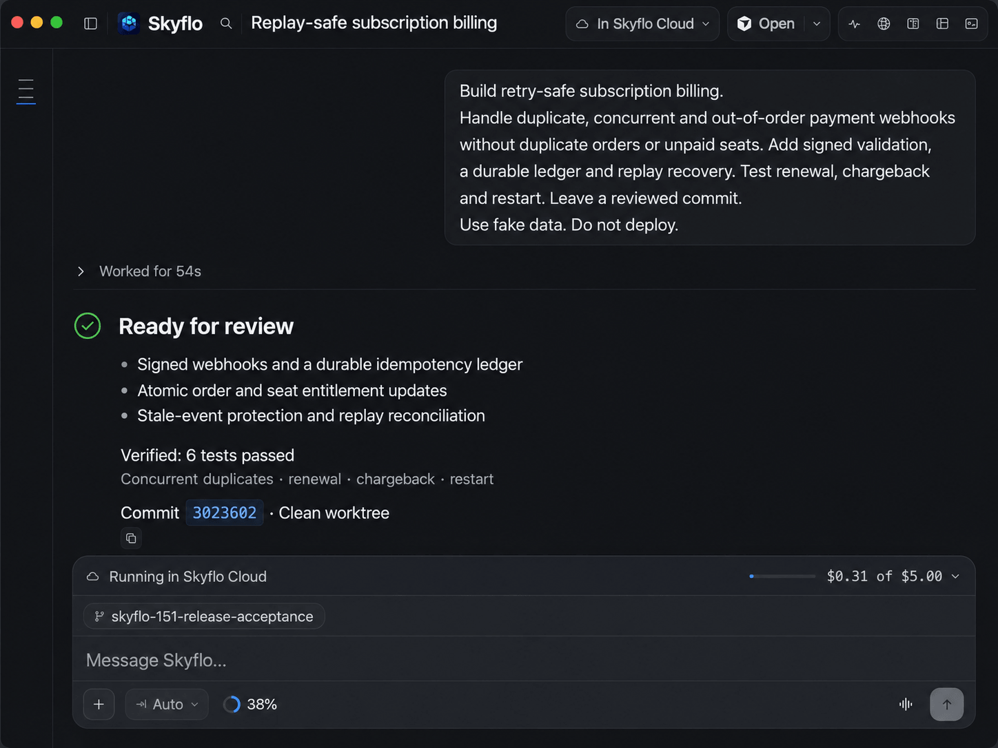 Illustrated Skyflo Cloud mission building retry-safe subscription billing: signed webhooks, atomic seat updates, replay recovery, six passing tests and a commit ready for review.